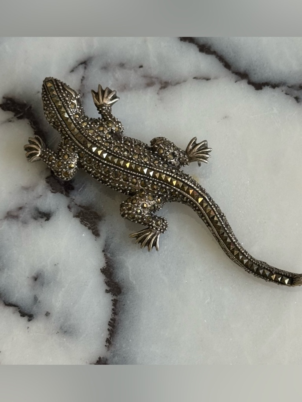 Marcasite and sterling silver lizard brooch